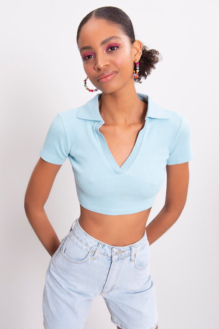 BSL Women V-Cut Short Sleeve Polo Neck Crop Body - Fairfield