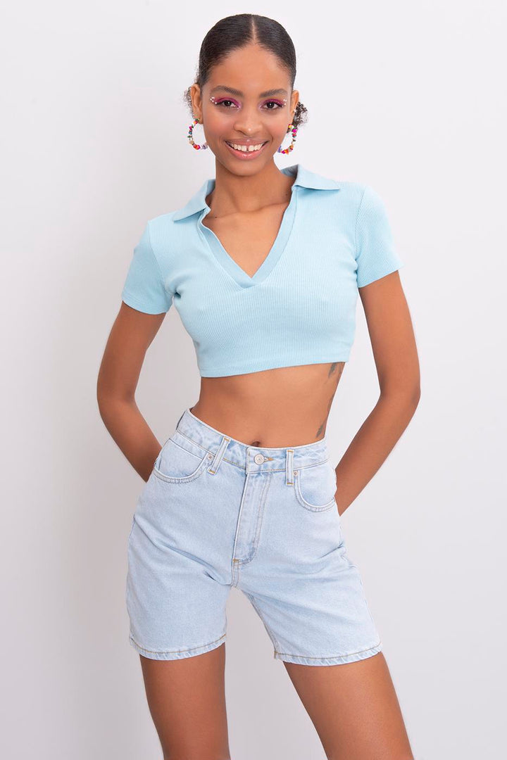 BSL Women V-Cut Short Sleeve Polo Neck Crop Body - Fairfield