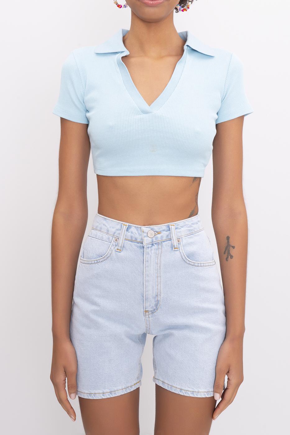 BSL Women V-Cut Short Sleeve Polo Neck Crop Body - Fairfield