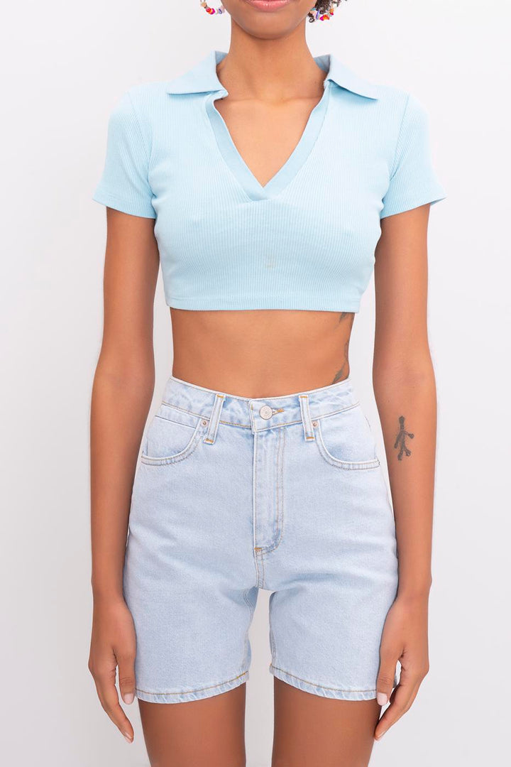BSL Women V-Cut Short Sleeve Polo Neck Crop Body - Fairfield