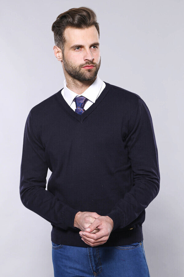 WSS V Neck Navy Blue Sweater  - Bitonto