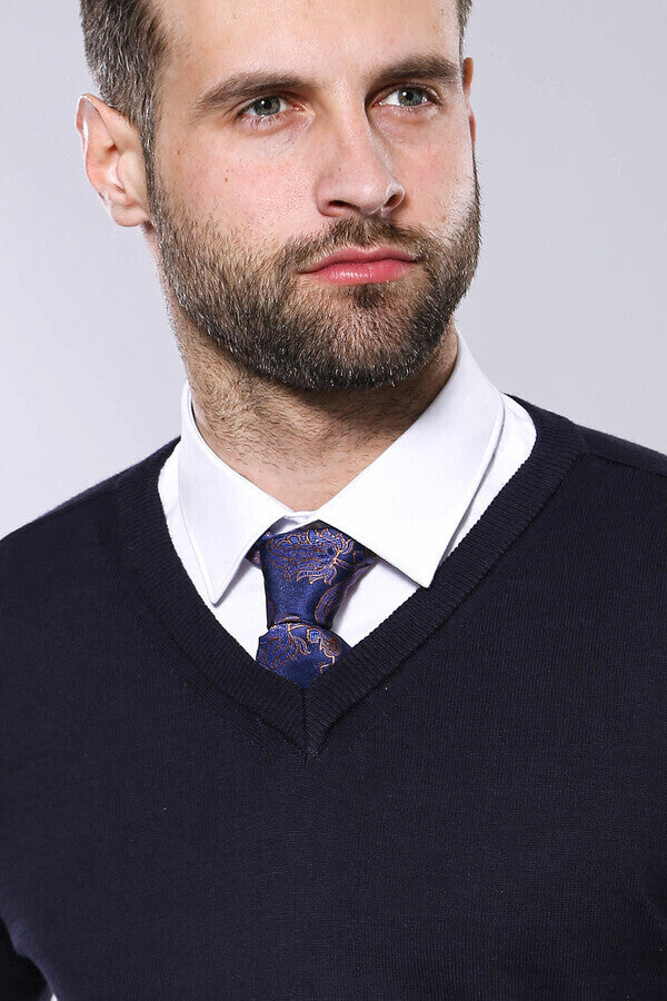 WSS V Neck Navy Blue Sweater  - Bitonto