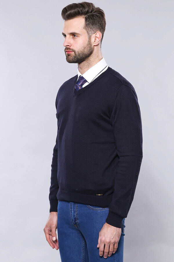 WSS V Neck Navy Blue Sweater  - Bitonto