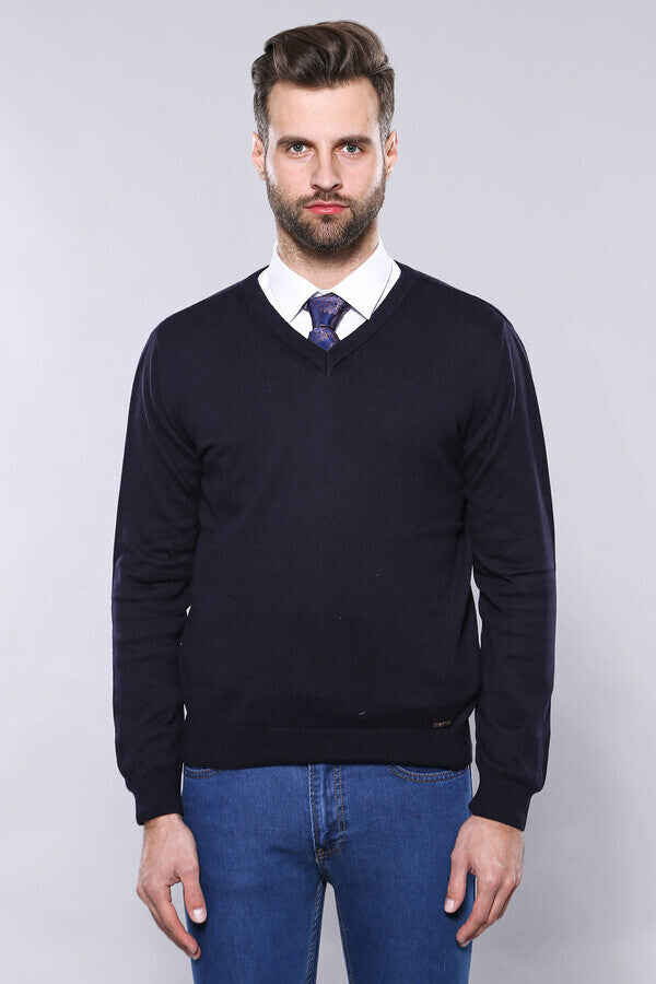 WSS V Neck Navy Blue Sweater  - Singen