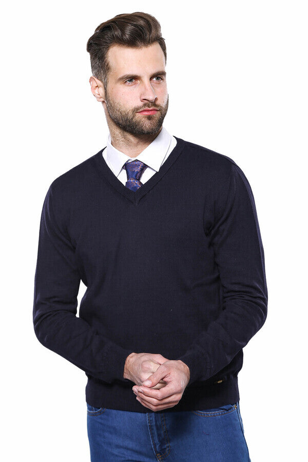 WSS V Neck Navy Blue Sweater  - Bitonto