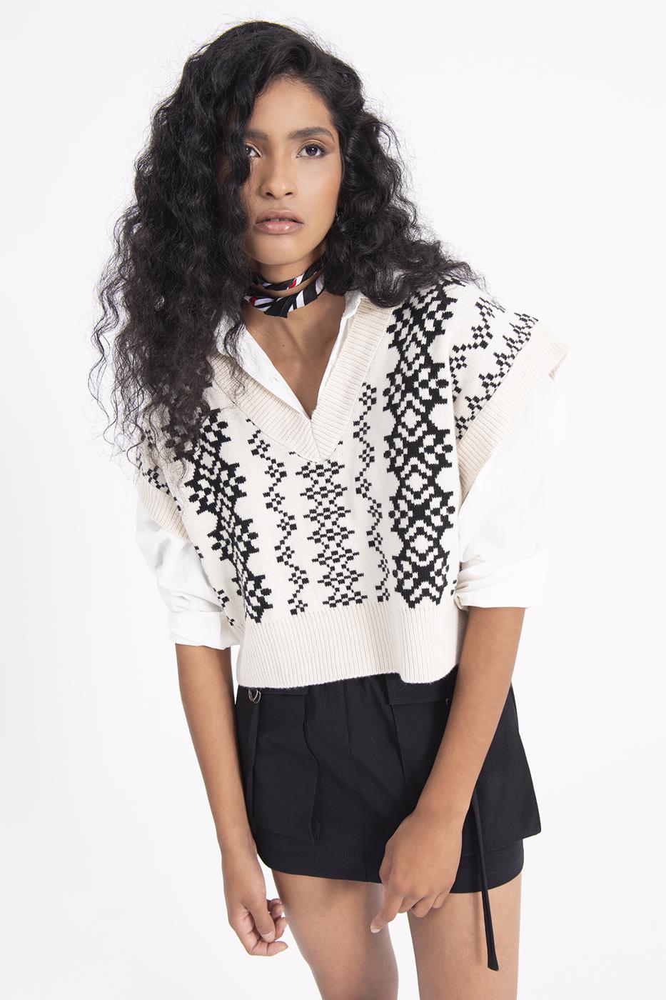 BSL Women Ethnic Patterned Sleeveless V-Neck Sweater - Saarlouis