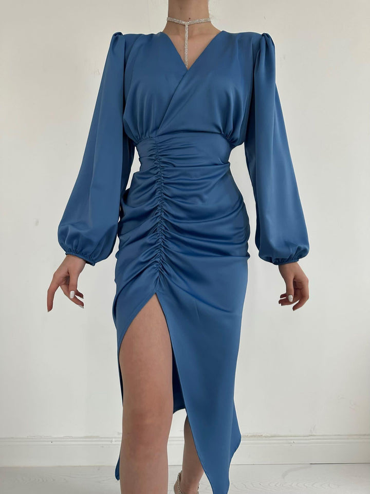 ELS V-Neck Satin Dress - Blue - Haverhill