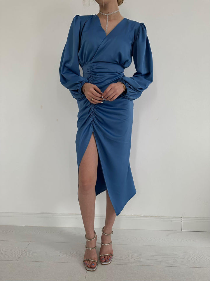 ELS V-Neck Satin Dress - Blue - Haverhill