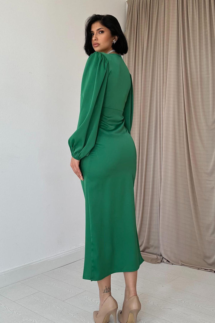 ELS V Neck Satin Dress - Green - Tempe