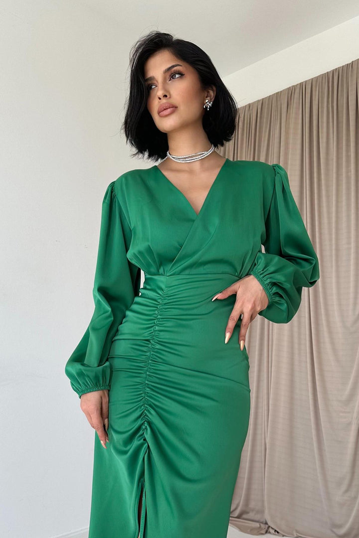 ELS V Neck Satin Dress - Green - Tempe