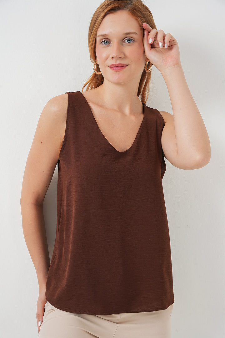 BGD Women V Neck Sleeveless Blouse 950 - Brown - Bollate