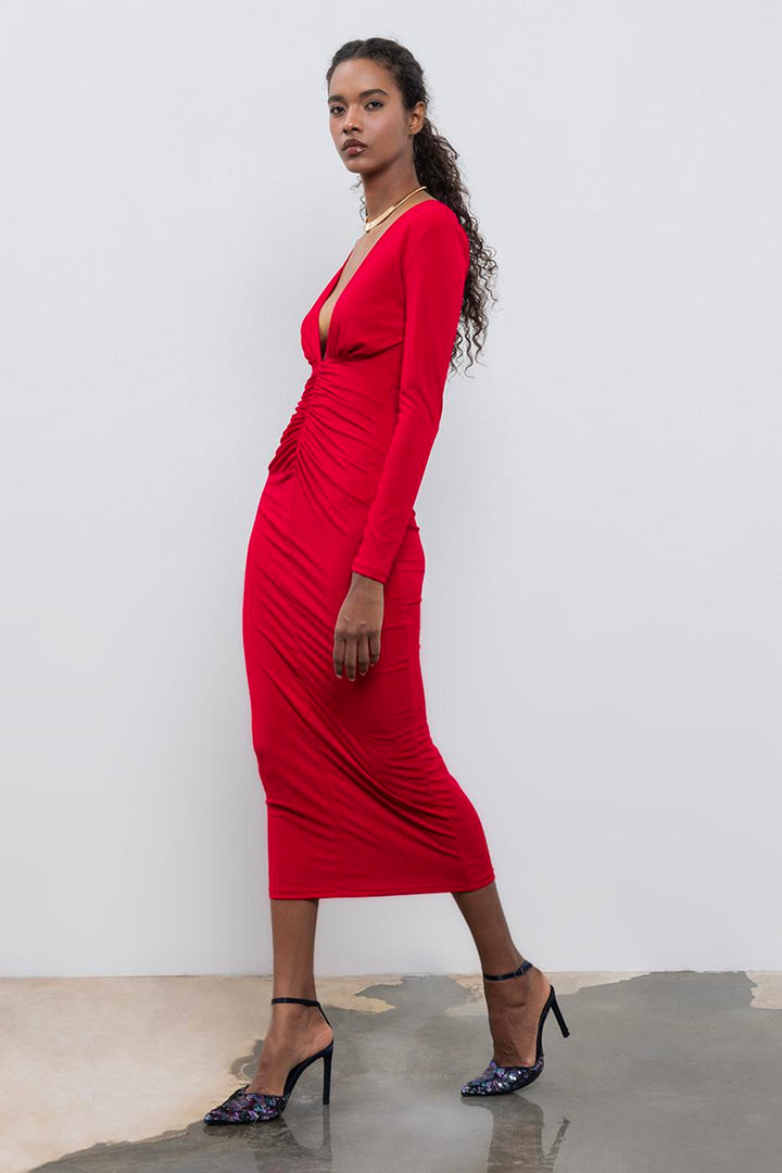 BSL Women V-Neck Draped Midi Dress - Bolingbrook