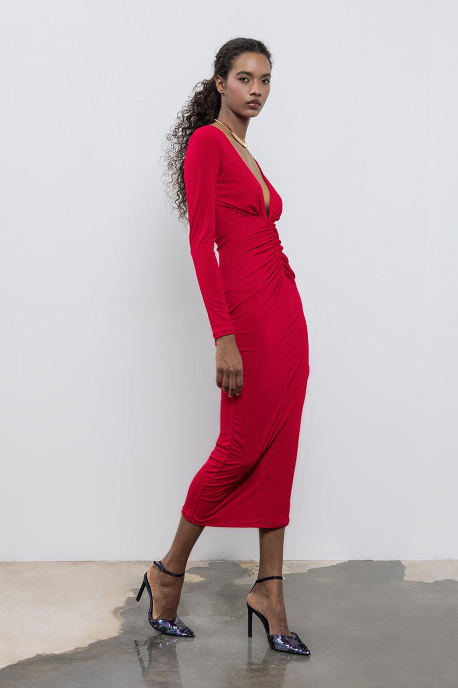 BSL Women V-Neck Draped Midi Dress - Bolingbrook