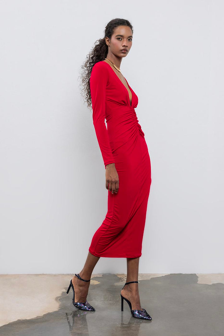 BSL Women V-Neck Draped Midi Dress - Bolingbrook
