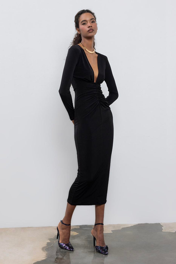 BSL Women V-Neck Draped Midi Dress - Mafra