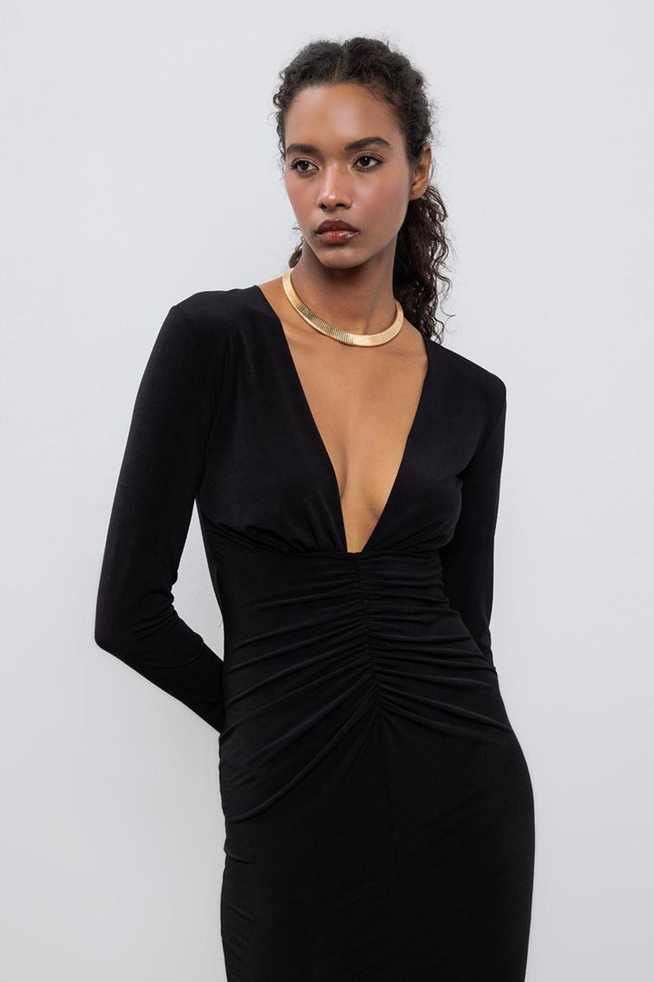 BSL Women V-Neck Draped Midi Dress - Mafra