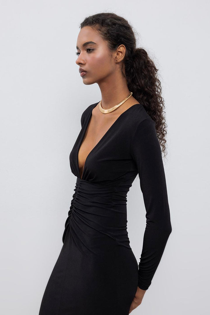BSL Women V-Neck Draped Midi Dress - Mafra