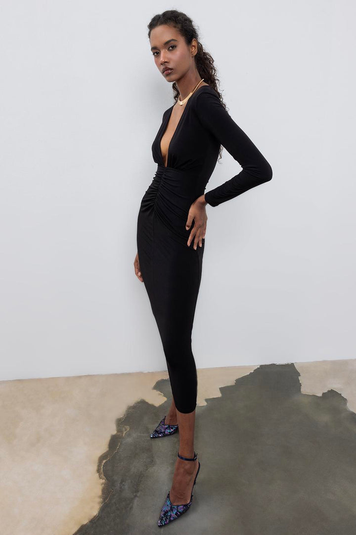 BSL Women V-Neck Draped Midi Dress - Mafra