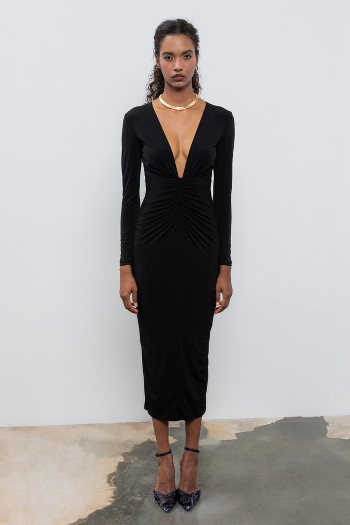 BSL Women V-Neck Draped Midi Dress - Mafra