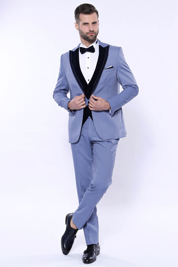 WSS Velvet Collar Patterned Blue Tuxedo  - Empalme