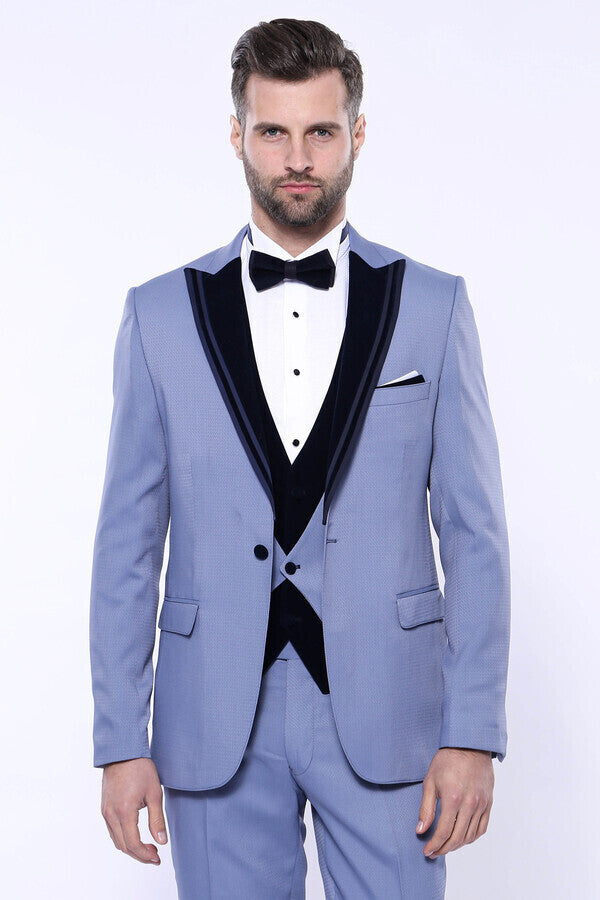WSS Velvet Collar Patterned Blue Tuxedo  - Empalme