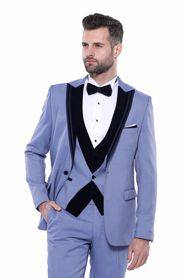 WSS Velvet Collar Patterned Blue Tuxedo  - Empalme