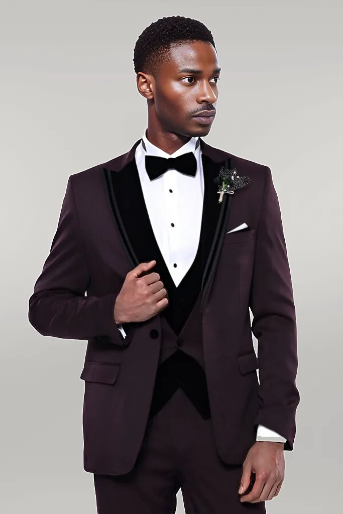 WSS Velvet Collar Patterned Burgundy Tuxedo  - Clacton-on-Sea