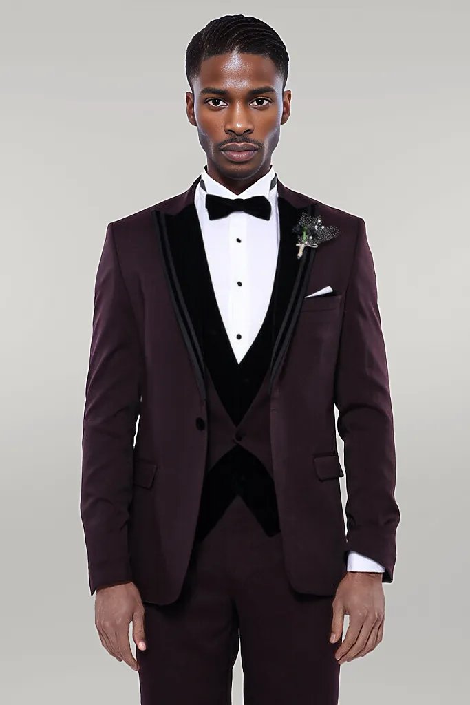 WSS Velvet Collar Patterned Burgundy Tuxedo  - Clacton-on-Sea
