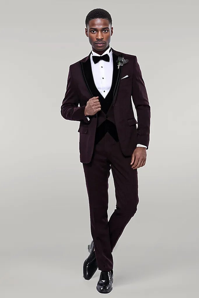 WSS Velvet Collar Patterned Burgundy Tuxedo  - Clacton-on-Sea