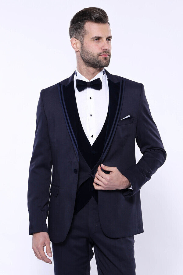 WSS Velvet Collar Patterned Dark Blue Tuxedo  - Grand Forks