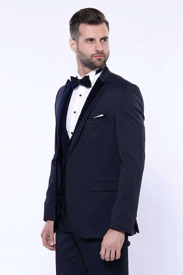 WSS Velvet Collar Patterned Dark Blue Tuxedo  - Grand Forks