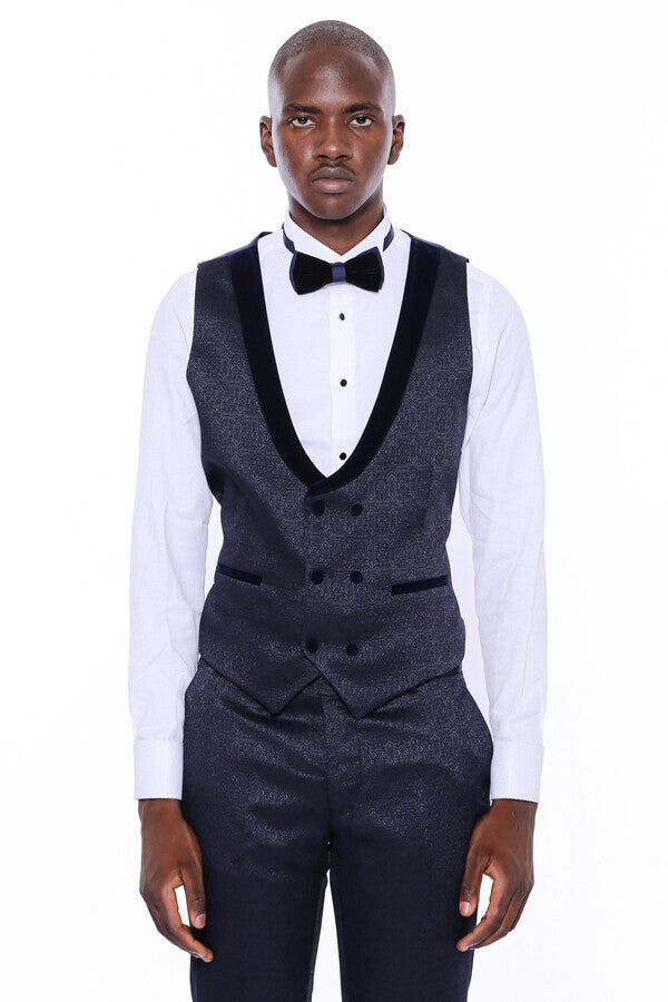 WSS Velvet Lapel Patterned Navy Blue Tuxedo  - Austin
