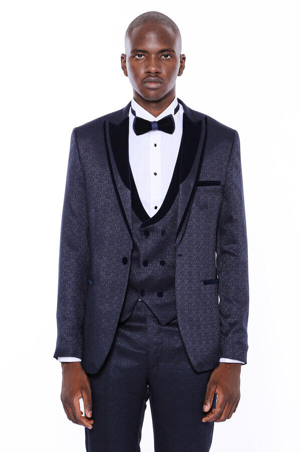 WSS Velvet Lapel Patterned Navy Blue Tuxedo  - Austin