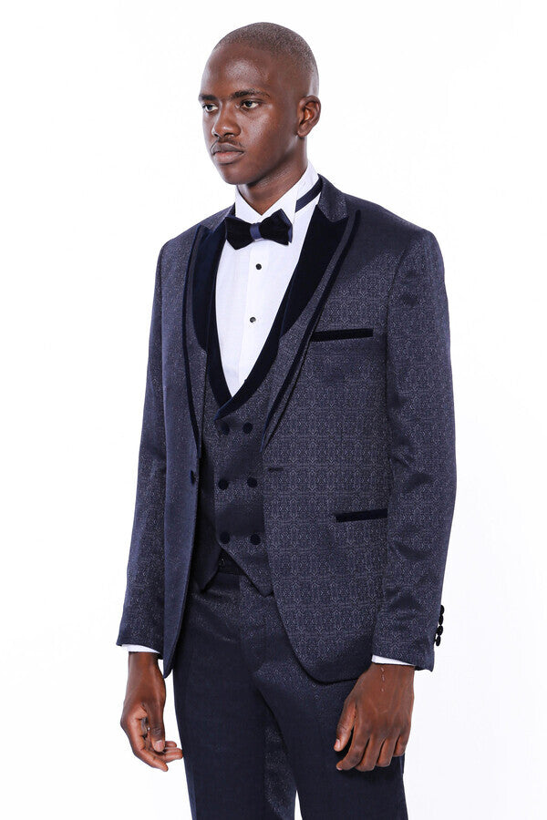 WSS Velvet Lapel Patterned Navy Blue Tuxedo  - Austin