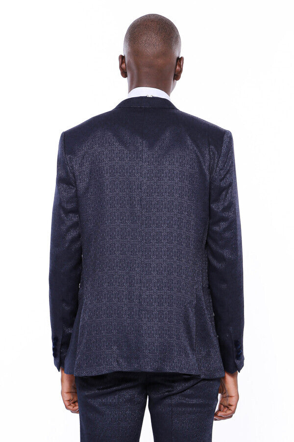 WSS Velvet Lapel Patterned Navy Blue Tuxedo  - Austin