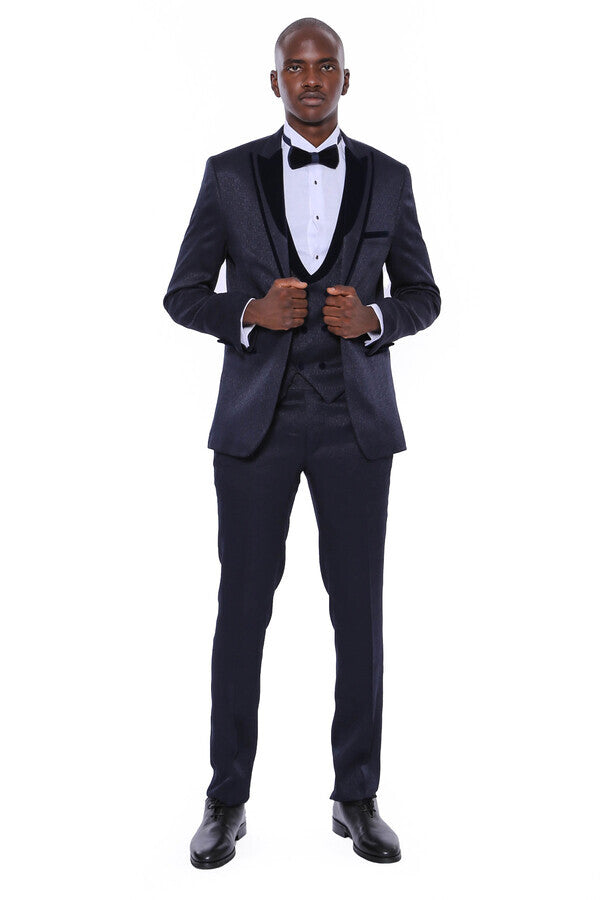 WSS Velvet Lapel Patterned Navy Blue Tuxedo  - Austin