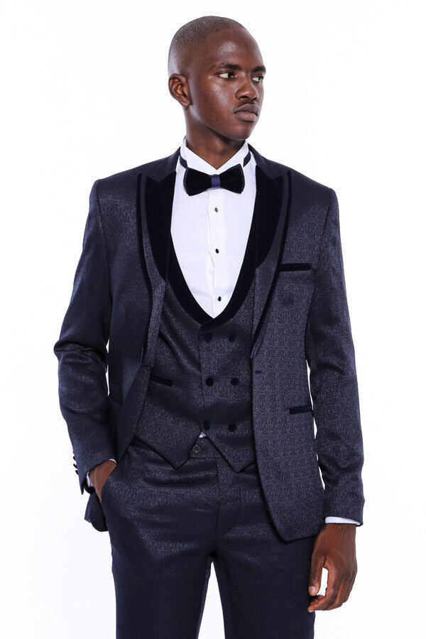 WSS Velvet Lapel Patterned Navy Blue Tuxedo  - Austin