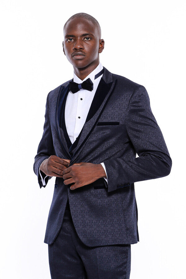 WSS Velvet Lapel Patterned Navy Blue Tuxedo  - Austin