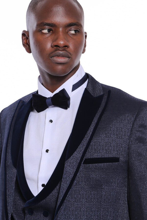 WSS Velvet Lapel Patterned Navy Blue Tuxedo  - Austin