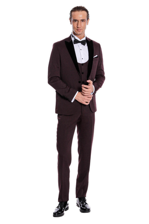 WSS Velvet Lapel Slim Fit Burgundy Men Tuxedo  - Acapulco de Juárez
