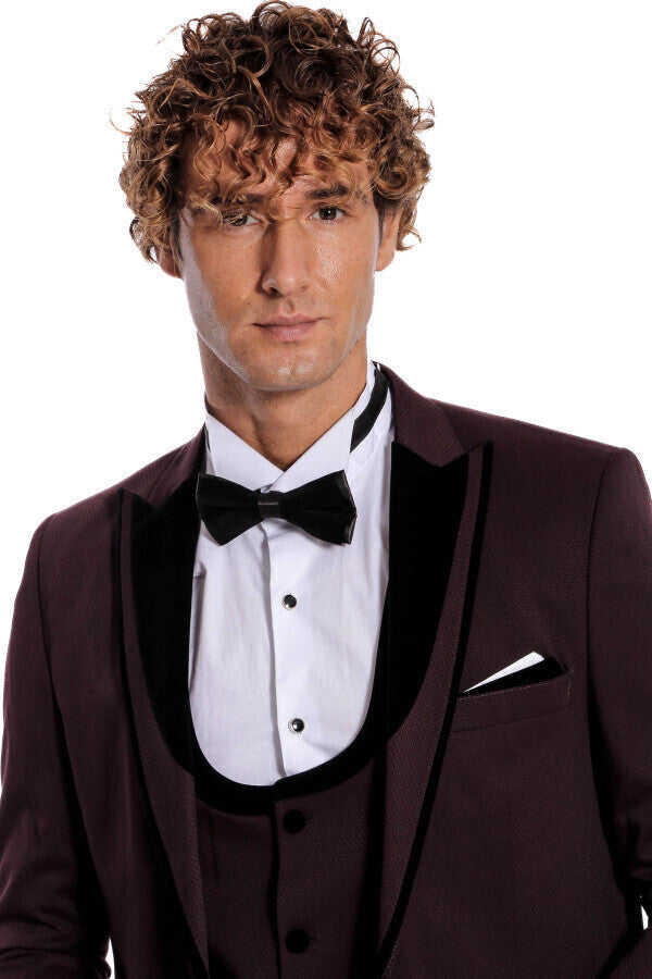 WSS Velvet Lapel Vested Patterned Burgundy Men Tuxedo  - Texas City