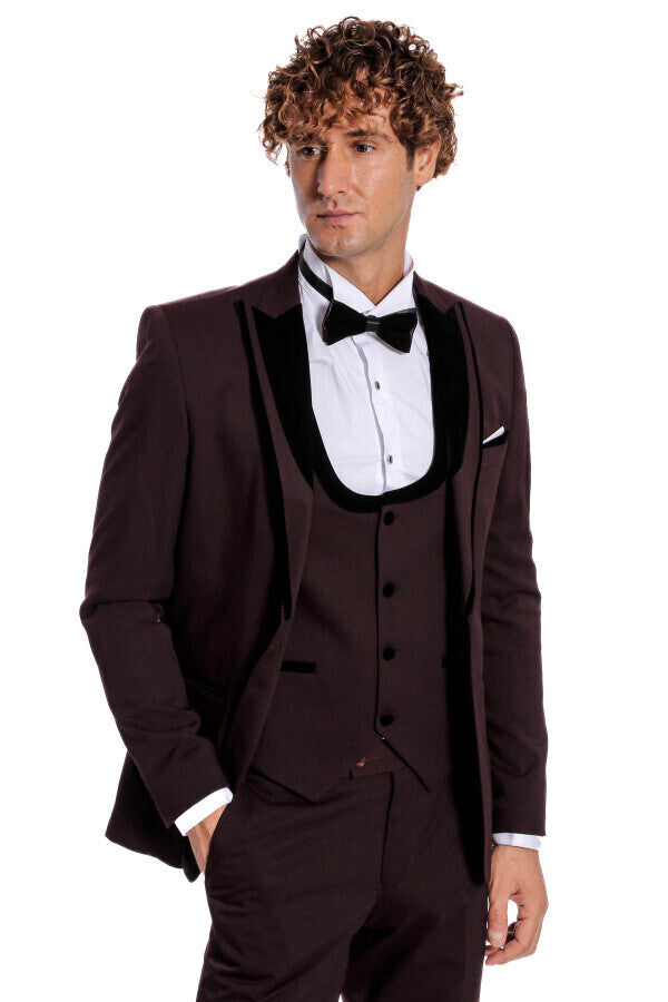 WSS Velvet Lapel Vested Patterned Burgundy Men Tuxedo  - Texas City