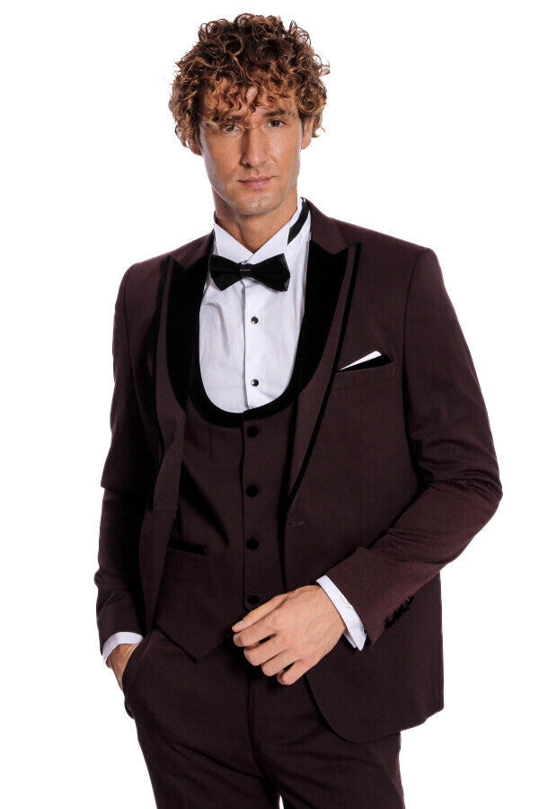 WSS Velvet Lapel Vested Patterned Burgundy Men Tuxedo  - Texas City