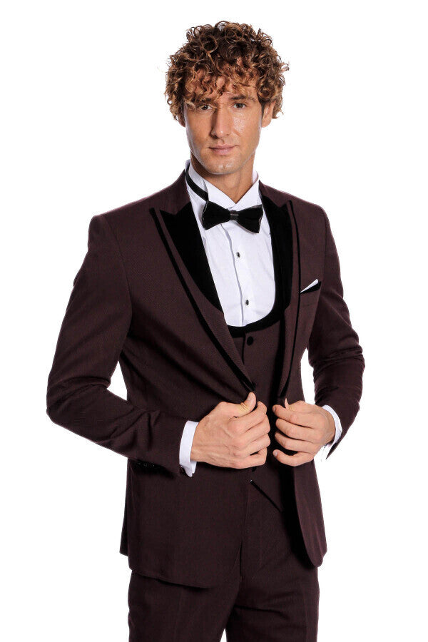 WSS Velvet Lapel Vested Patterned Burgundy Men Tuxedo  - Texas City