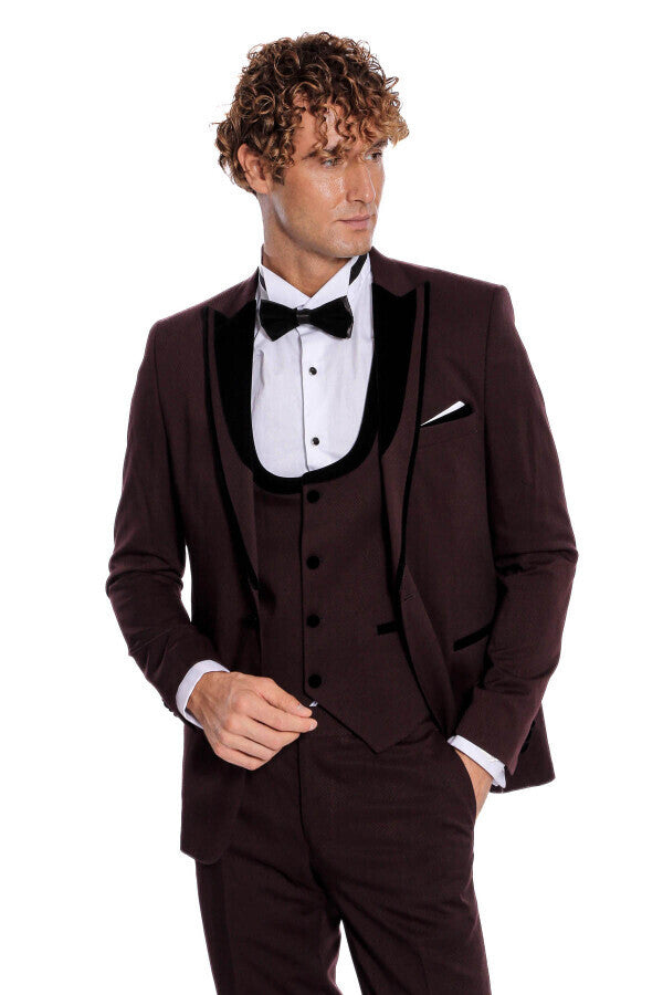WSS Velvet Lapel Vested Patterned Burgundy Men Tuxedo  - Texas City