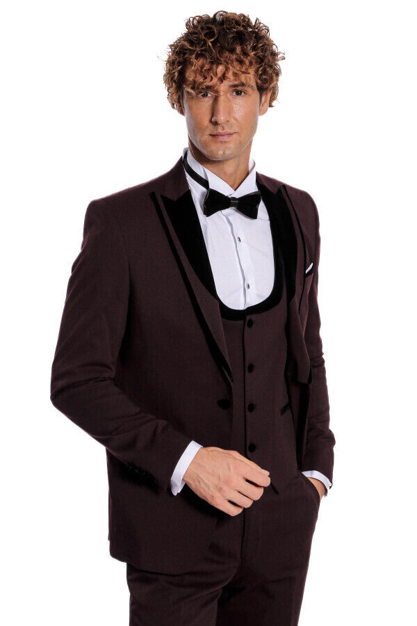 WSS Velvet Lapel Vested Patterned Burgundy Men Tuxedo  - Texas City