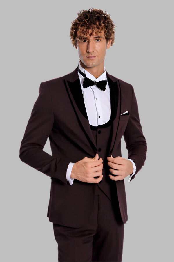 WSS Velvet Lapel Vested Patterned Burgundy Men Tuxedo  - Texas City