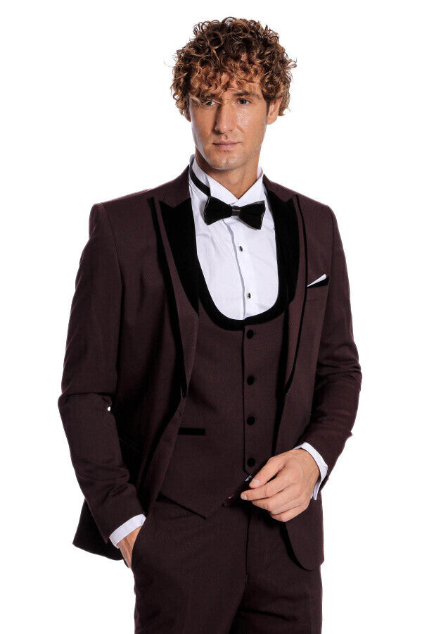 WSS Velvet Lapel Vested Patterned Burgundy Men Tuxedo  - Texas City