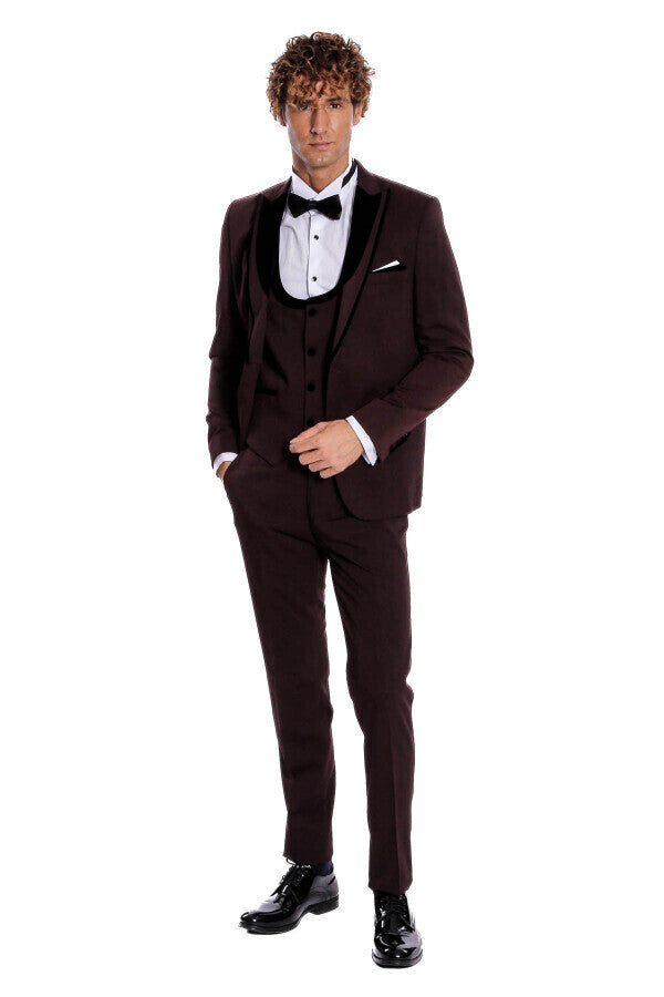 WSS Velvet Lapel Vested Patterned Burgundy Men Tuxedo  - Texas City