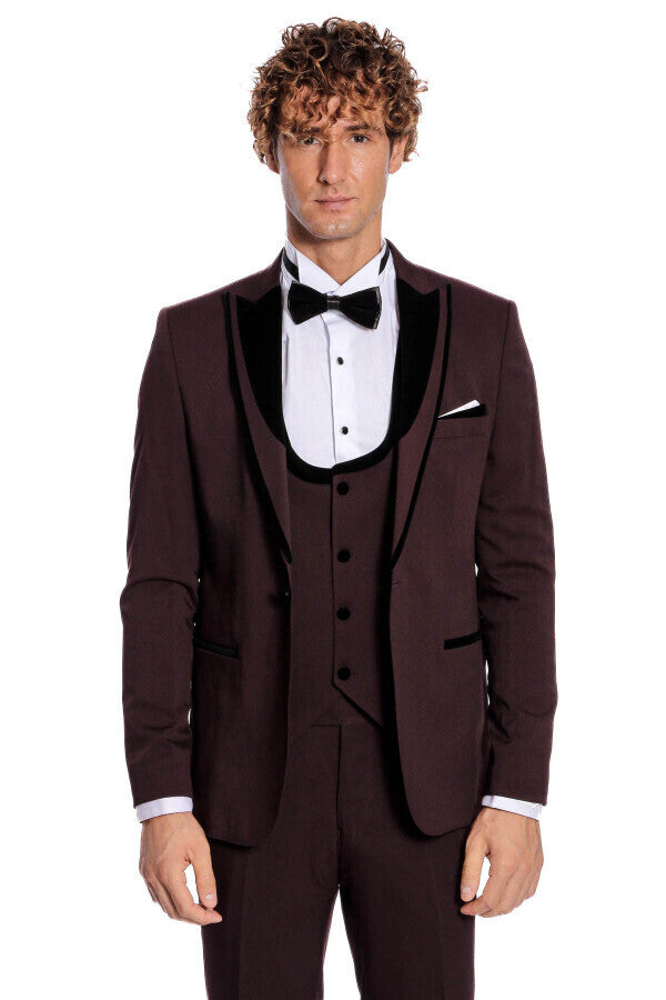 WSS Velvet Lapel Vested Patterned Burgundy Men Tuxedo  - Texas City